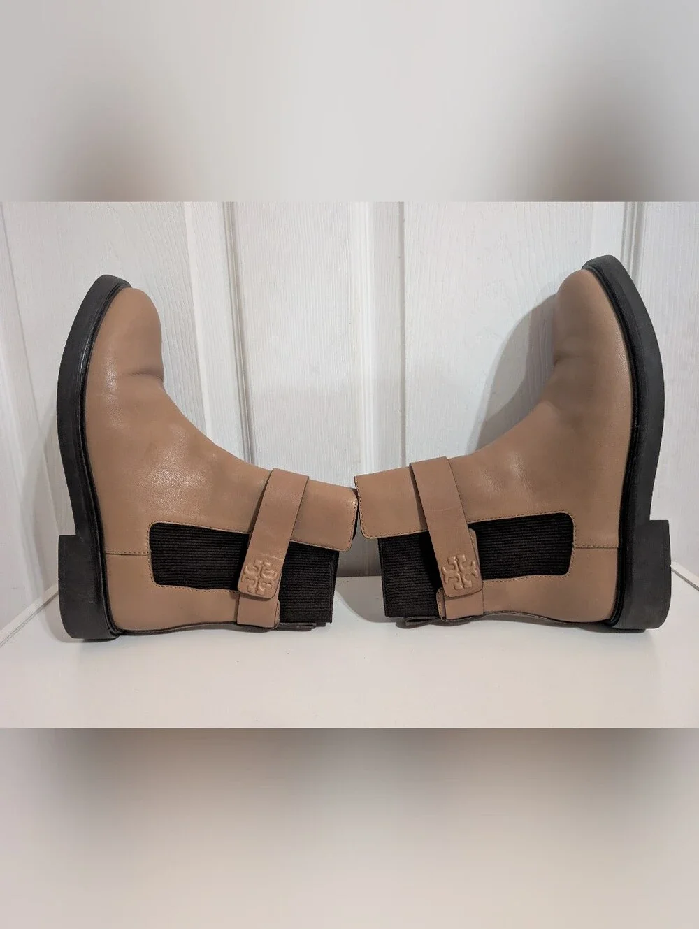 Tory Burch Womens Boots Double T Chelsea Brown Beige Ankle Leather Shoes Size 10